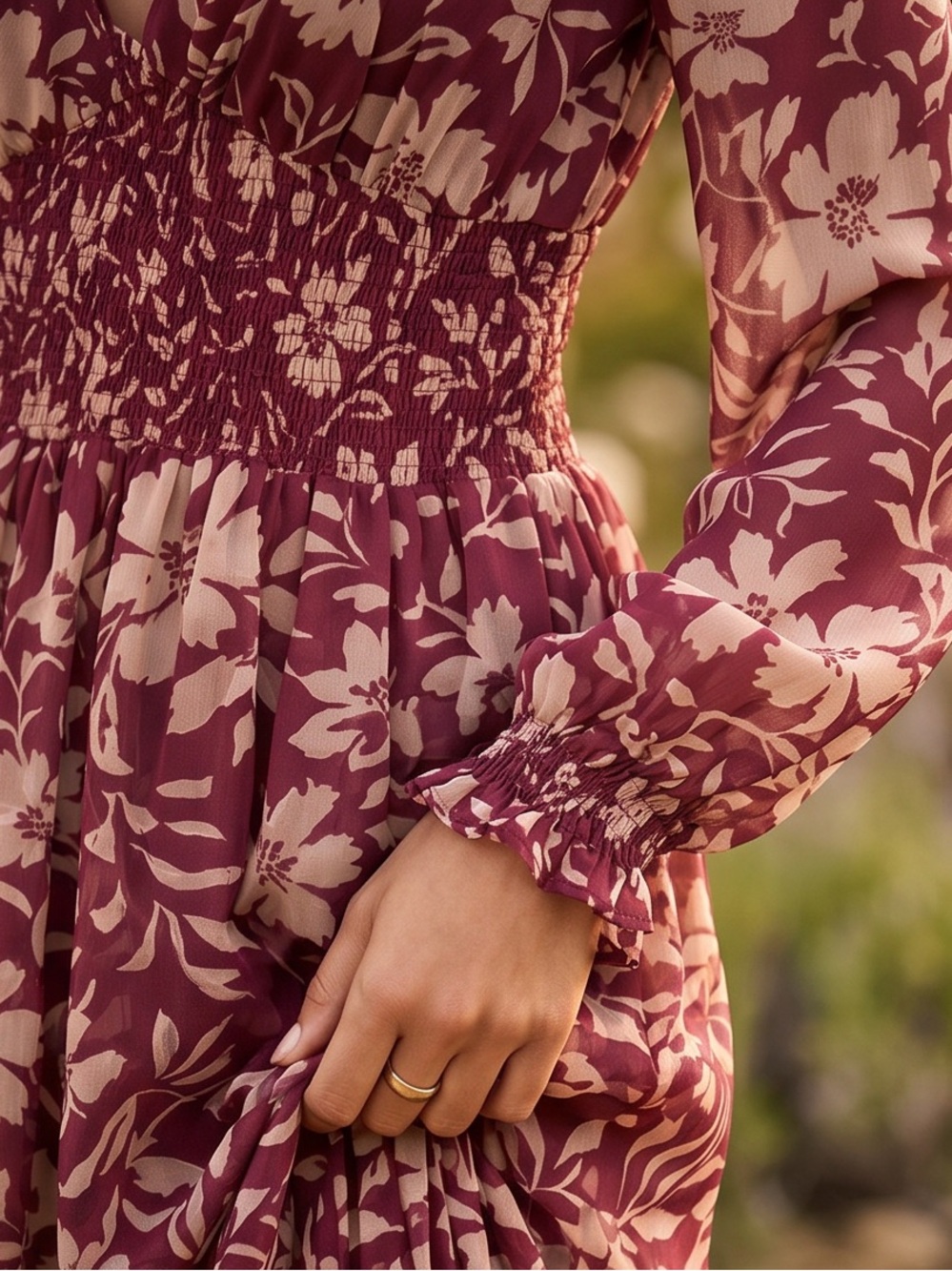 Patrons of Peace Berry Floral V‑Neck Shirred Maxi Dress - Picture 4 of 12